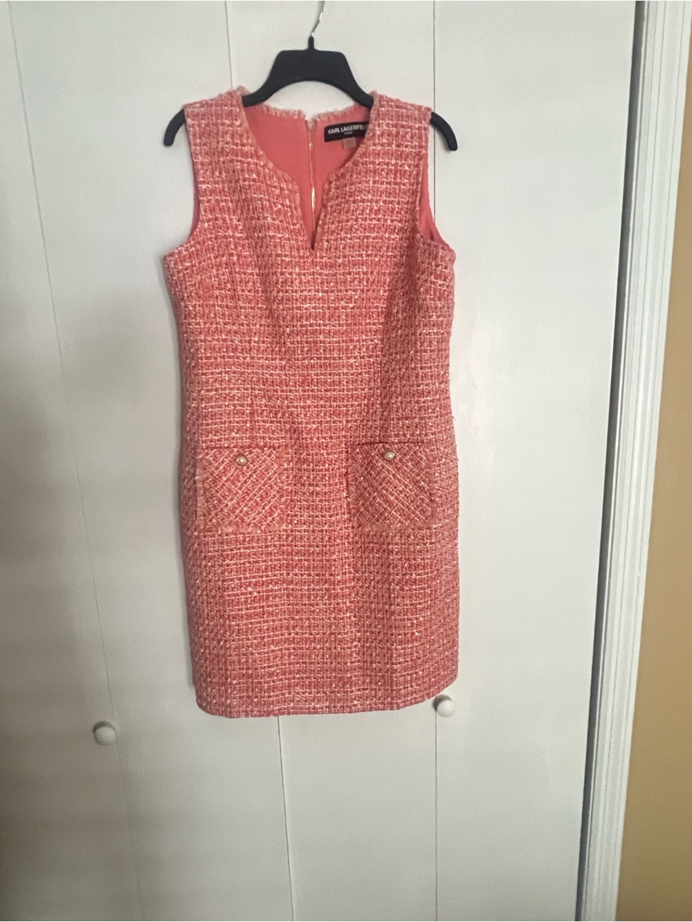 Karl Lagerfeld Coral Pink Tweed Midi Dress with Front Pockets